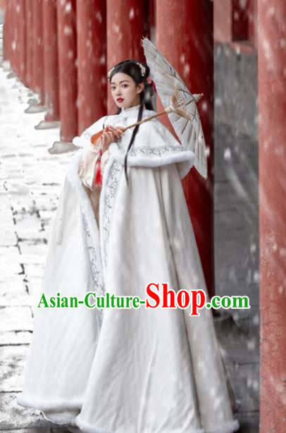 Chinese Ancient Princess Clothing Traditional Winter White Mantle Ming Dynasty Young Lady Embroidered Cloak Chinese Ancient Princess Clothing Traditional Winter White Mantle Ming Dynasty Young Lady Embroidered Cloak