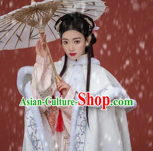 Chinese Ancient Princess Clothing Traditional Winter White Mantle Ming Dynasty Young Lady Embroidered Cloak Chinese Ancient Princess Clothing Traditional Winter White Mantle Ming Dynasty Young Lady Embroidered Cloak