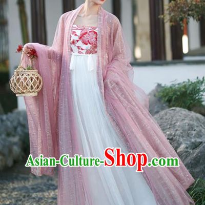 Chinese Tang Dynasty Princess Garment Costumes Ancient Goddess Clothing Traditional Pink Hanfu Dress