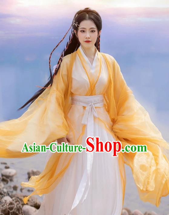Chinese Traditional Yellow Hanfu Dress Jin Dynasty Swordsman Garment Costumes Ancient Goddess Clothing Chinese Traditional Yellow Hanfu Dress Jin Dynasty Swordsman Garment Costumes Ancient Goddess Clothing