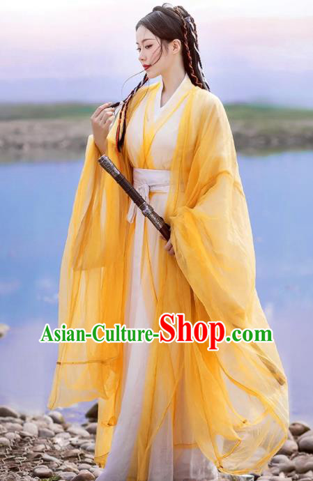 Chinese Traditional Yellow Hanfu Dress Jin Dynasty Swordsman Garment Costumes Ancient Goddess Clothing Chinese Traditional Yellow Hanfu Dress Jin Dynasty Swordsman Garment Costumes Ancient Goddess Clothing