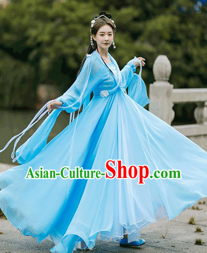 Chinese TV Series Peri Garment Costumes Ancient Princess Clothing Tang Dynasty Goddess Blue Dress Chinese TV Series Peri Garment Costumes Ancient Princess Clothing Tang Dynasty Goddess Blue Dress