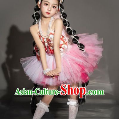 Children Modern Fancywork Garment Costume Girls Stage Show Clothing Fashion Catwalks Pink Veil Dress