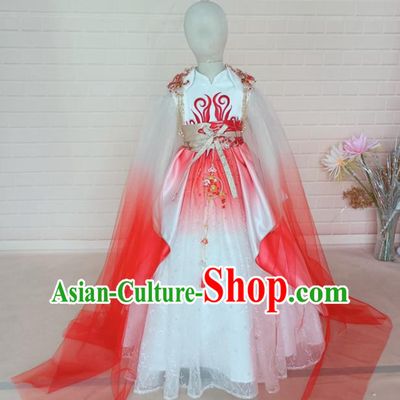 Chinese Stage Show Oriental Beauty Clothing Children Fashion Catwalks White Veil Dress Girls Modern Fancywork Garment Costume