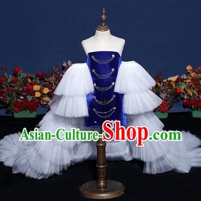 Girls Modern Fancywork Garment Costume Modern Show Clothing Children Fashion Catwalks Royal Blue Velvet Dress
