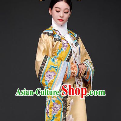 Chinese Ancient Imperial Consort Clothing Qing Dynasty Court Garment Costumes Empress Light Golden Dress