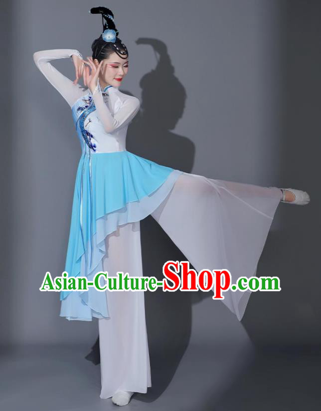 Chinese Classical Dance Garment Umbrella Dance Costumes Fan Dance Blue Dress Dancing Competition Clothing Chinese Classical Dance Garment Umbrella Dance Costumes Fan Dance Blue Dress Dancing Competition Clothing