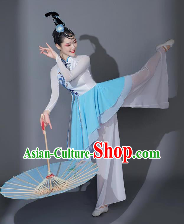 Chinese Classical Dance Garment Umbrella Dance Costumes Fan Dance Blue Dress Dancing Competition Clothing Chinese Classical Dance Garment Umbrella Dance Costumes Fan Dance Blue Dress Dancing Competition Clothing