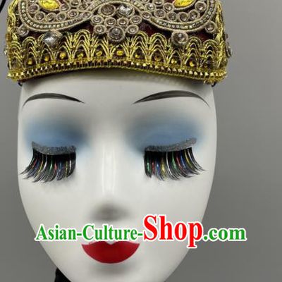 Chinese Uyghur Nationality Dance Hat Ethnic Woman Dance Headwear Stage Performance Braids Headpiece Xinjiang Dance Headdress