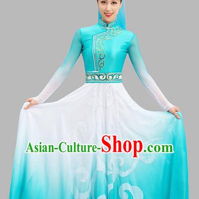 Chinese Classical Dance Blue Dress Mongol Nationality Dance Suit Ethnic Folk Dance Garment Costume and Headpiece