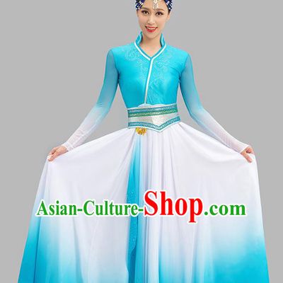 Chinese Mongol Nationality Dance Garment Costume Mongolian Dance Light Blue Dress Ethnic Dance Suit