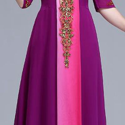 Chinese Stage Performance Garment Costume Women Chorus Group Clothing Professional Compere Purple Full Dress