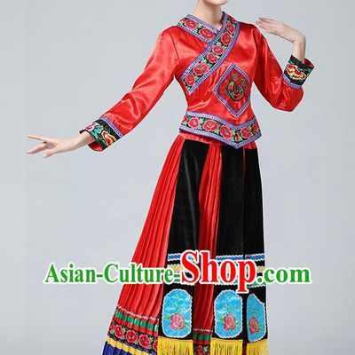 China Guangxi Minority Festival Costume Zhuang Nationality Dance Red Dress Ethnic Women Clothing