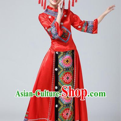 China Ethnic Wedding Women Clothing Guangxi Minority Festival Costume Zhuang Nationality Dance Red Dress