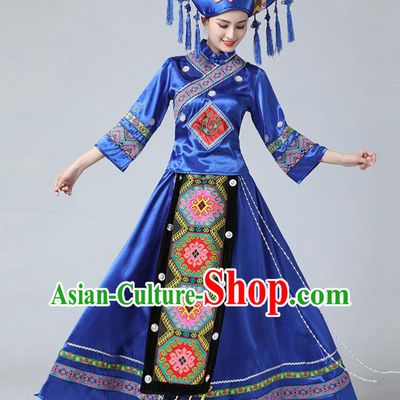China Zhuang Nationality Dance Blue Dress Ethnic Wedding Women Clothing Guangxi Minority Festival Costume