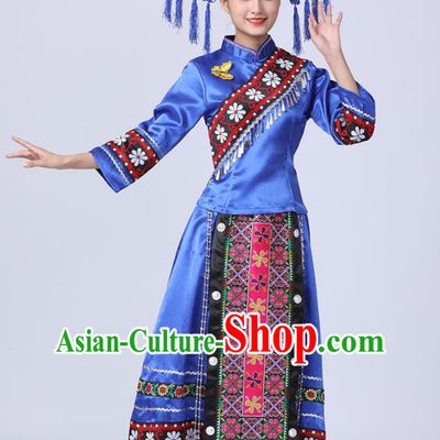 China Ethnic Festival Clothing Yunnan Minority Folk Dance Costume Yi Nationality Women Blue Dress