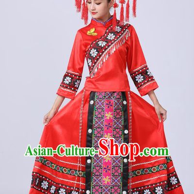 China Yi Nationality Women Red Dress Ethnic Festival Clothing Yunnan Minority Folk Dance Costume