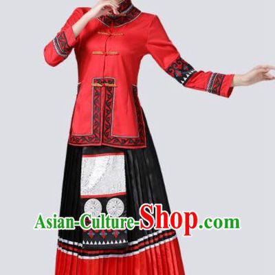 China Guangxi Minority Folk Dance Costume Yi Nationality Red Dress Ethnic Women Festival Clothing