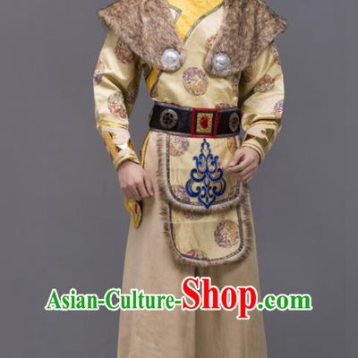 Chinese Ethnic Festival Clothing Mongol Minority Folk Dance Costume Mongolian Nationality Embroidered Yellow Suit