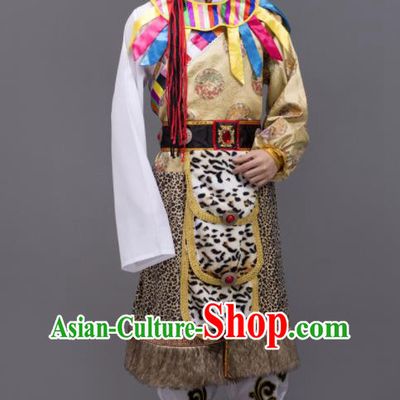 Chinese Ethnic Male Festival Clothing Tibetan Minority Folk Dance Costume Zang Nationality Yellow Outfit