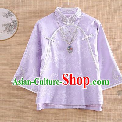 Chinese Embroidered Qipao Upper Outer Garment Traditional Cheongsam Blouse Light Purple Long Sleeves Shirt