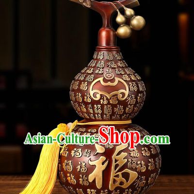 Chinese Brass Craft Lucky Wine Flagon Copper Water Bottle Handmade Carving Gourd Bottle