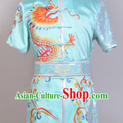 Chinese Embroidered Dragon Light Blue Outfit Martial Arts Changquan Uniforms Kung Fu Costumes Traditional Wushu Competition Clothing