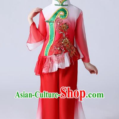 Chinese Children Fan Dance Clothing Folk Dance Garment Costume Yangko Dance Red Uniform Stage Performance Dancewear