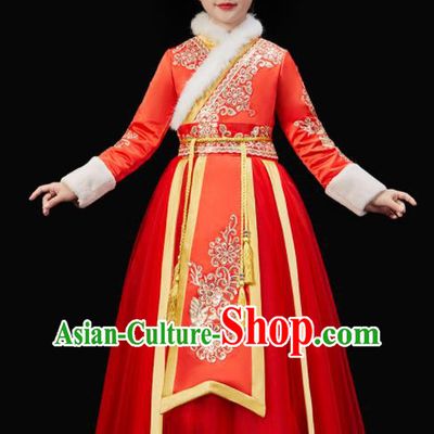 Chinese New Year Garment Costume Ancient Princess Clothes Traditional Stage Performance Clothing Children Fan Dance Red Dress