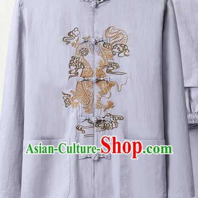 Chinese Embroidered Dragon Shirt Traditional Grey Linen Upper Outer Garment