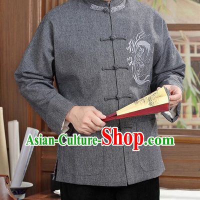 Chinese Embroidered Dragon Outer Garment Traditional Grey Woolen Jacket