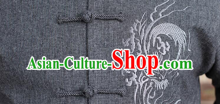 Chinese Embroidered Dragon Outer Garment Traditional Grey Woolen Jacket Chinese Embroidered Dragon Outer Garment Traditional Grey Woolen Jacket