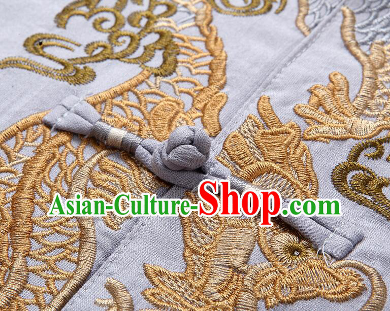 Chinese Embroidered Dragon Shirt Traditional Grey Linen Upper Outer Garment