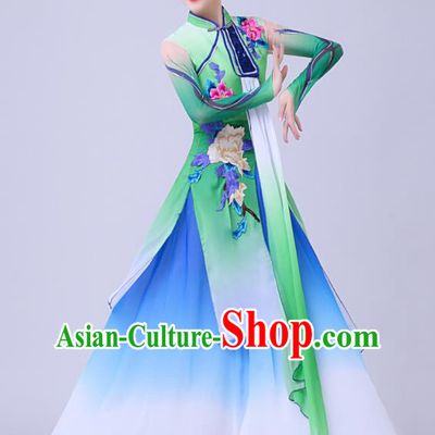China Classical Dance Green Dress Stage Performance Chiffon Clothing Umbrella Dance Attires Fan Dance Garment Costume