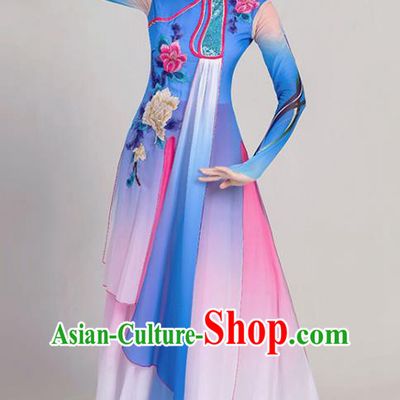 China Stage Performance Deep Blue Chiffon Clothing Umbrella Dance Attires Fan Dance Garment Costume Classical Dance Dress
