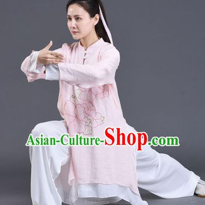 Chinese Tai Ji Chuan Performance Pink Linen Outfits Traditional Shadow Boxing Embroidered Clothing Tai Chi Training Costumes