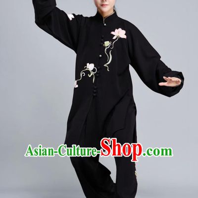 Chinese Tai Chi Training Clothing Tai Ji Chuan Competition Black Outfits Traditional Kung Fu Embroidered Lotus Shirt and Pants