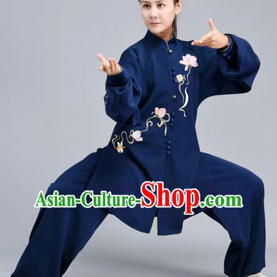 Chinese Traditional Embroidered Lotus Shirt and Pants Tai Chi Training Clothing Tai Ji Chuan Competition Midnight Blue Outfits