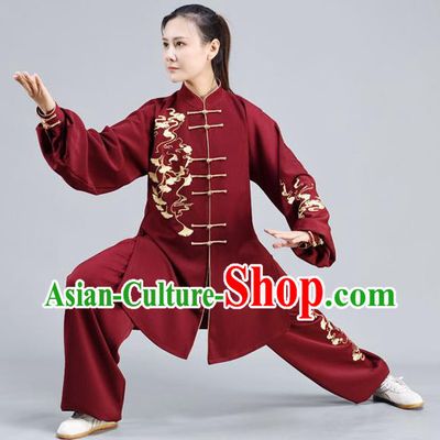 Chinese Tai Ji Chuan Training Maroon Outfits Traditional Embroidered Ginkgo Leaf Shirt and Pants Tai Chi Performance Clothing