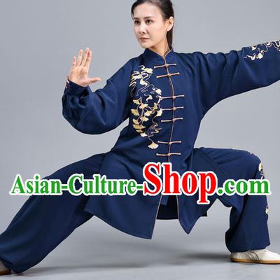 Chinese Traditional Embroidered Ginkgo Leaf Kung Fu Shirt and Pants Tai Chi Performance Clothing Tai Ji Chuan Training Midnight Blue Outfits