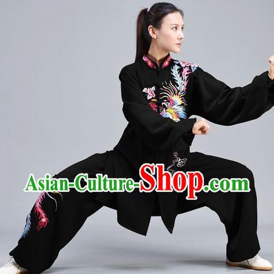 Chinese Traditional Embroidered Phoenix Shirt and Pants Tai Chi Kung Fu Clothing Tai Ji Chuan Training Black Outfits
