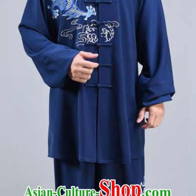 Chinese Tai Ji Performance Midnight Blue Outfits Traditional Embroidered Dragon Shirt and Pants Tai Chi Competition Clothing