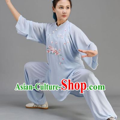 Chinese Traditional Kung Fu Two Pieces Set Embroidered Light Blue Uniform Tai Chi Performance Clothing Tai Ji Chuan Outfit