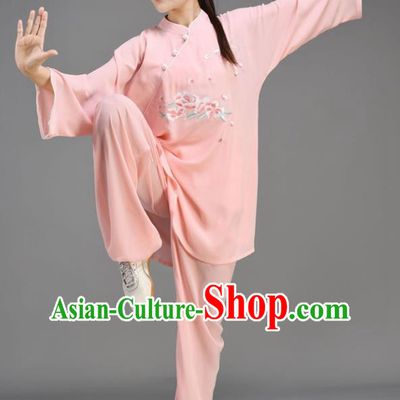 Chinese Tai Ji Chuan Outfit Traditional Kung Fu Two Pieces Set Embroidered Pink Uniform Tai Chi Performance Clothing