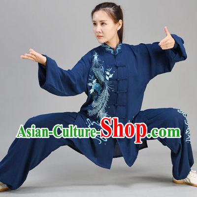 Chinese Tai Chi Performance Clothing Tai Ji Chuan Outfit Traditional Kung Fu Two Pieces Set Embroidered Midnight Blue Uniform