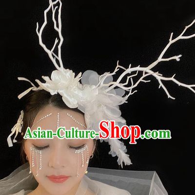 Handmade Party White Flowers Headwear Branch Royal Crown Top Baroque Headdress