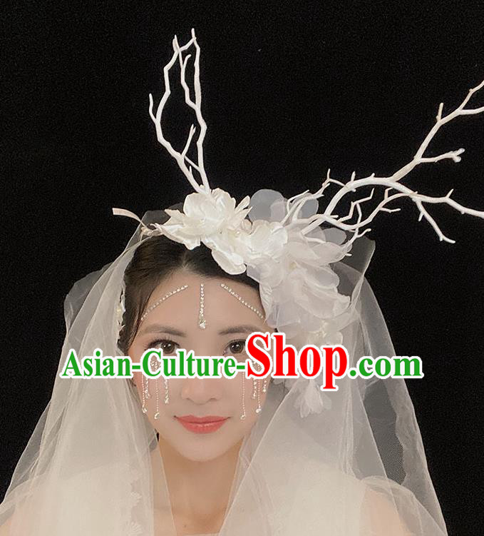 Handmade Party White Flowers Headwear Branch Royal Crown Top Baroque Headdress