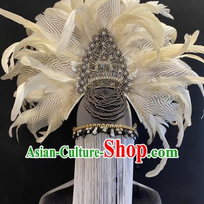 Handmade White Feathers Headdress Top Party Queen Royal Crown Headwear Baroque Style Top Hat