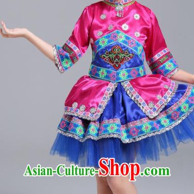 Chinese Yi Minority Folk Dance Clothing Guangxi Nationality Girl Megenta Dress Outfits Zhuang Ethnic Festival Costumes
