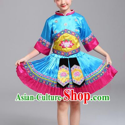 Chinese Guangxi Nationality Girl Blue Dress Outfits Zhuang Ethnic Festival Costumes Yi Minority Folk Dance Clothing